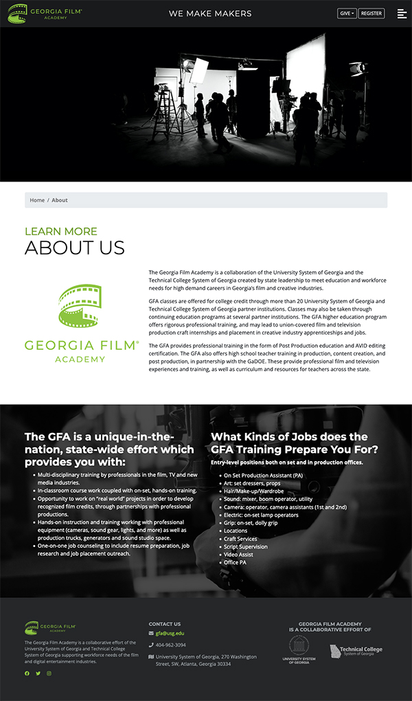 fullscreen image of the Georgia Film Academy website
