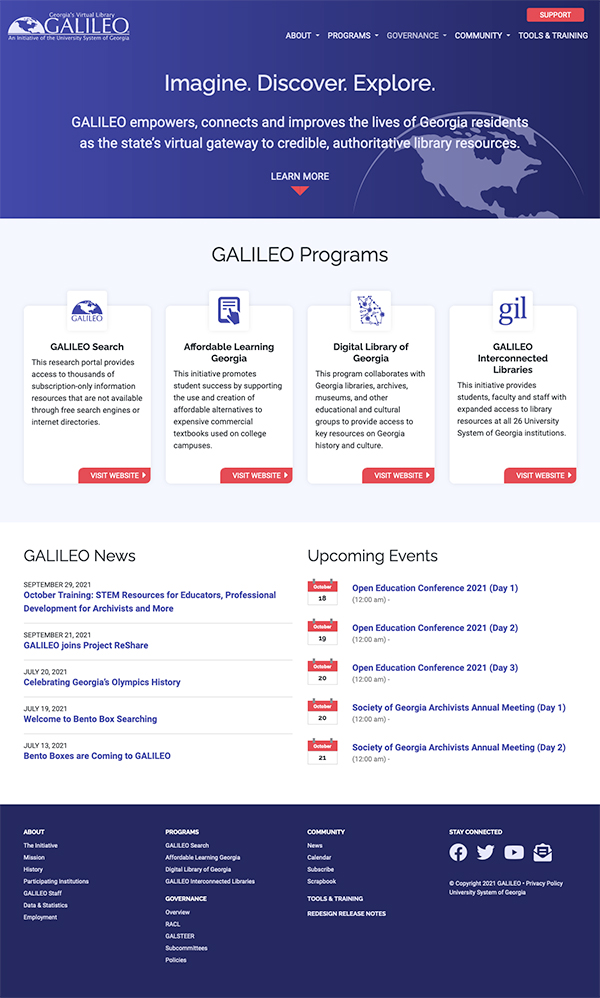 fullscreen image of the About GALILEO department website